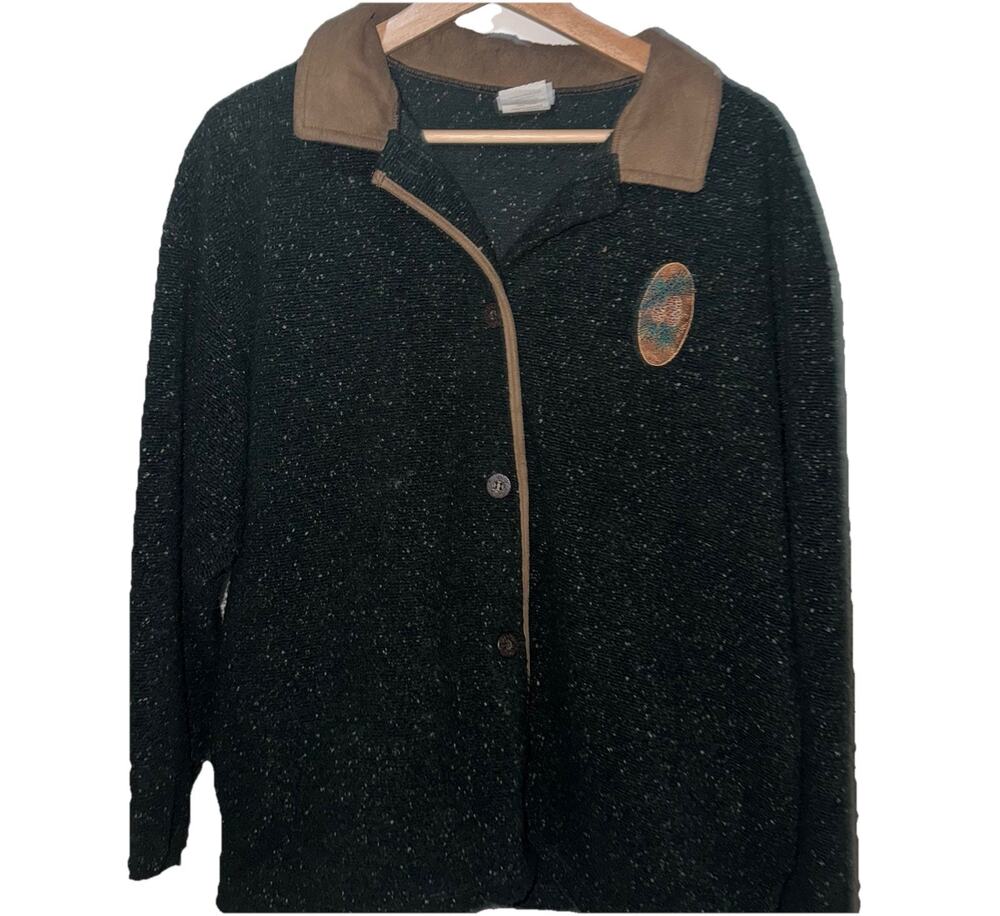 Vintage Artisans Large Green Wool Blend Jacket Brown Suede Collar Made USA Coat